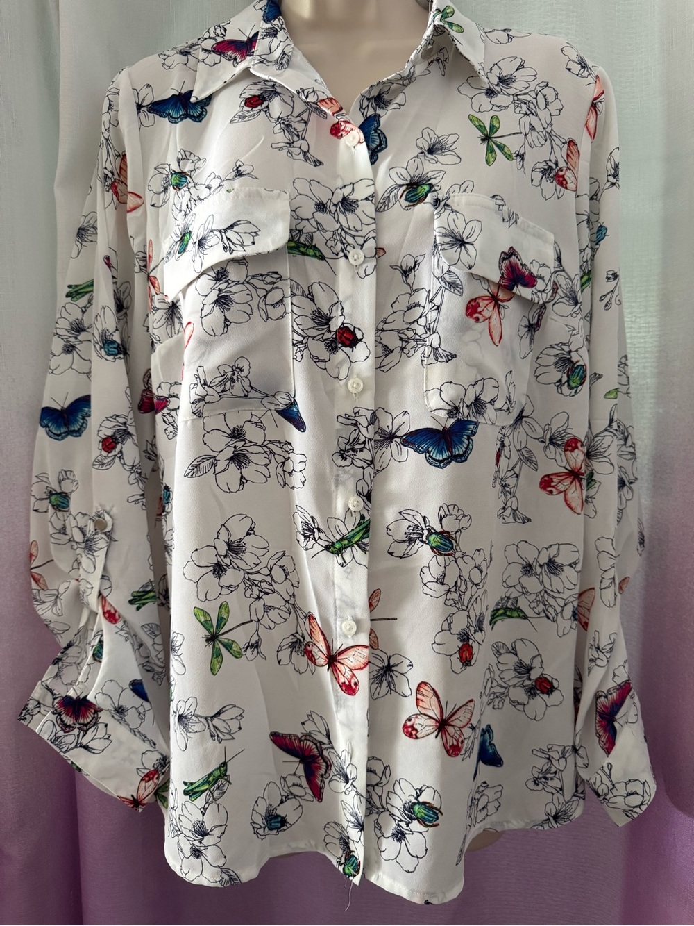 Apt. 9 White Button-Down Blouse with Multicolor Butterfly Print